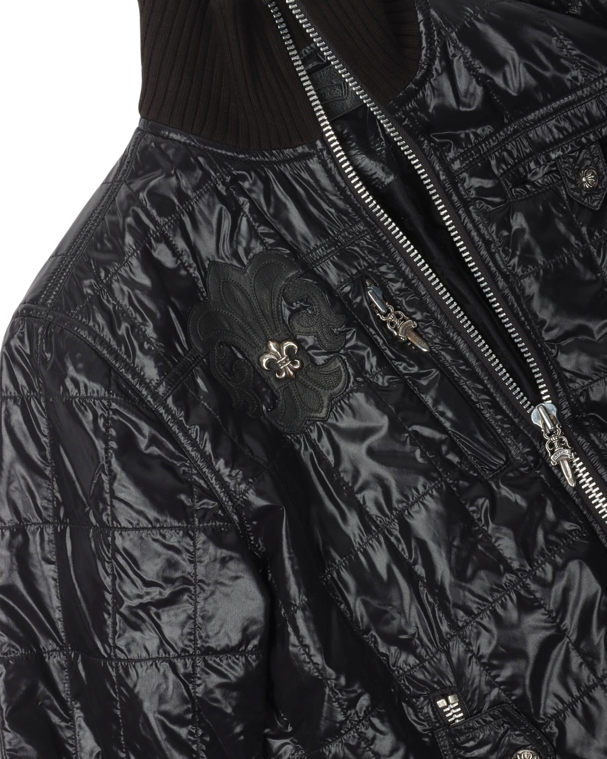 Slim Fit Funnel Neck Embellished Fleur Patch Quilted Jacket