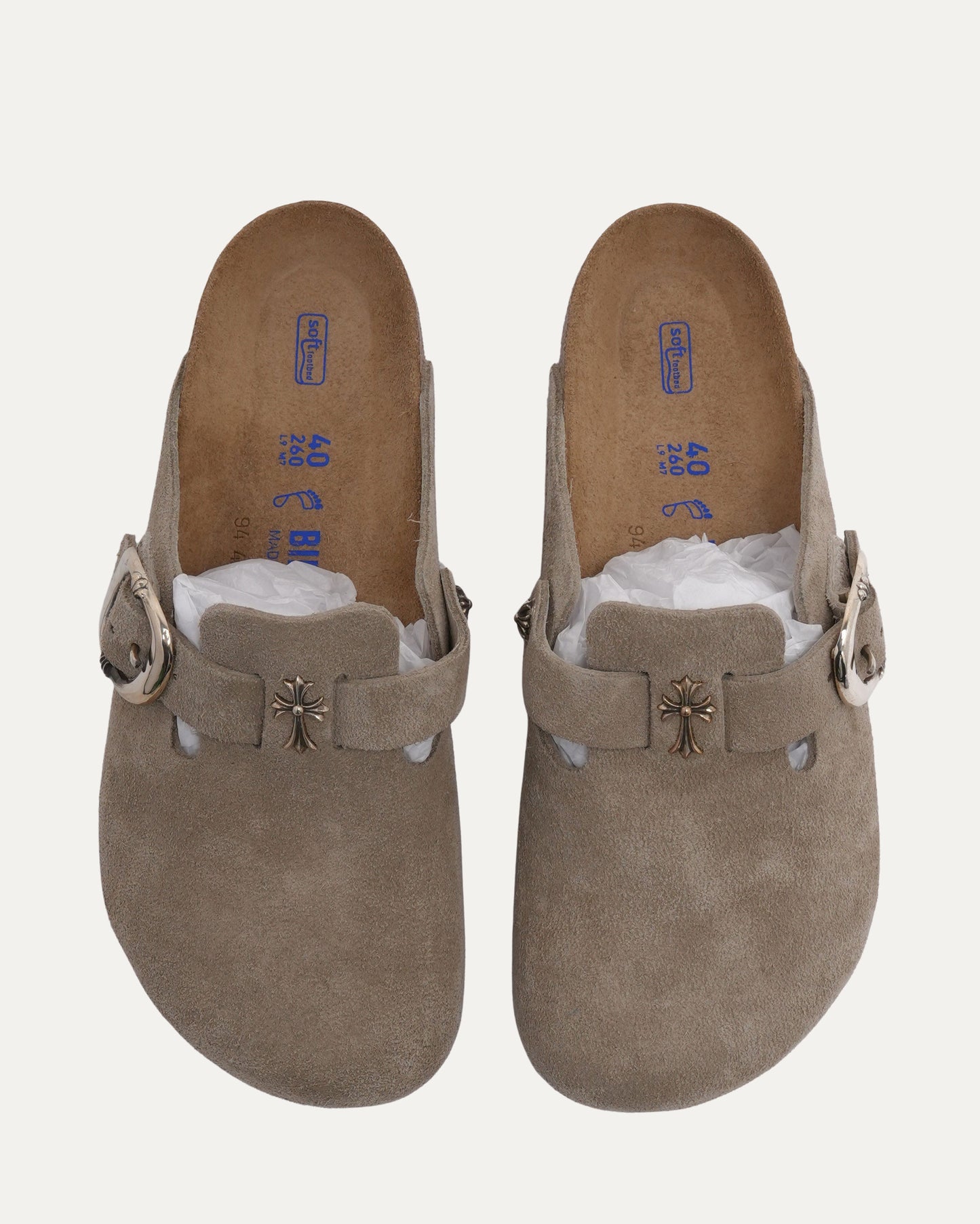 Cross Embellished Birkenstock Boston Suede Mule