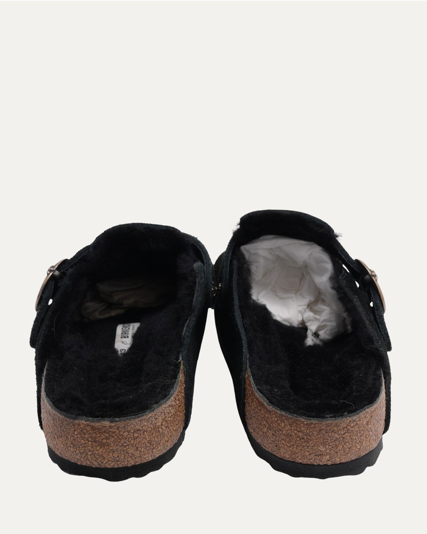 Cross Embellished Birkenstock Boston Shearling Lined Suede Mule