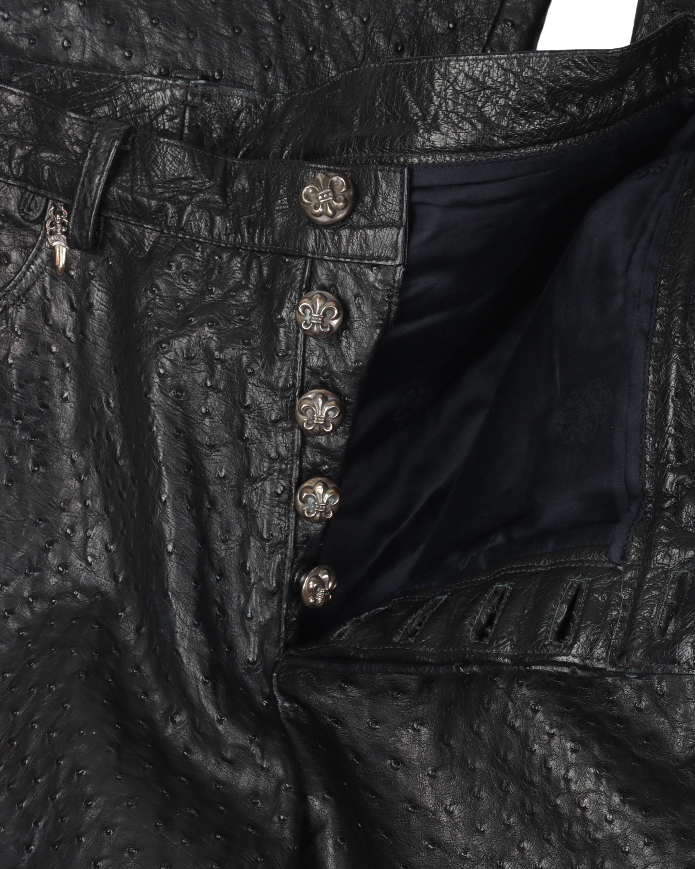 Silver Embellished Ostrich Fleur Knee Leather Jeans