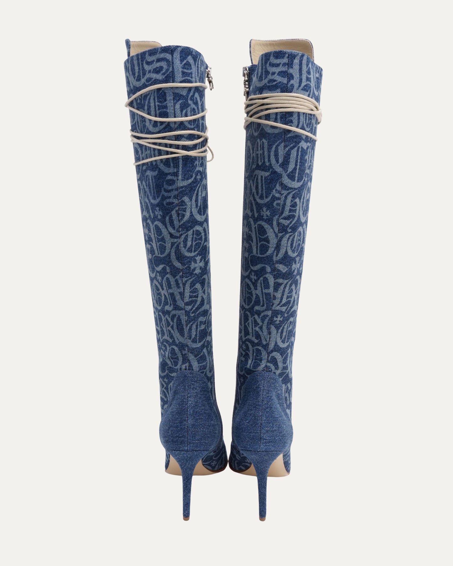 Denim Monogram Lace Up Knee Boots