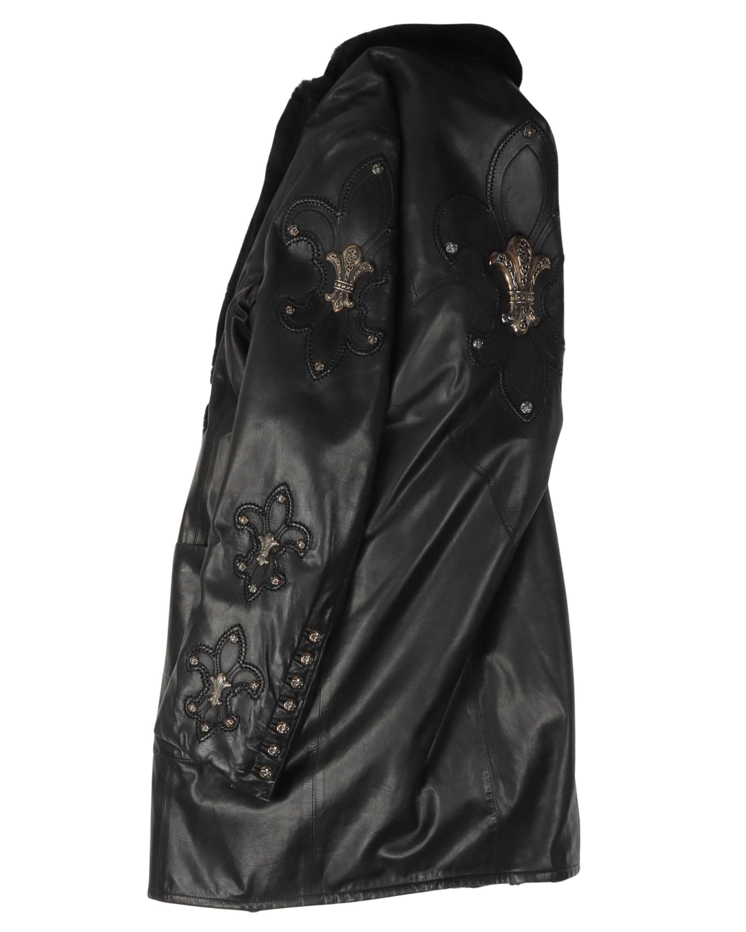 Mink Fur Leather Coat with Silver Fleur Embellishments