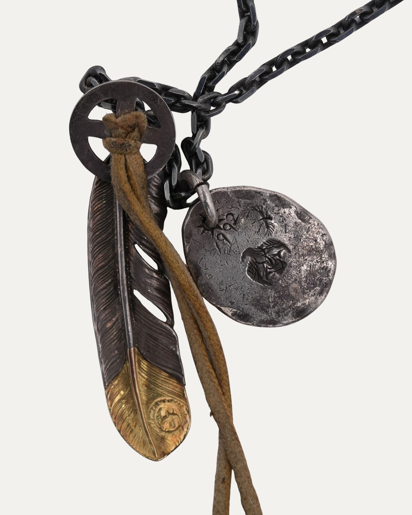 Thunderbird Disk Feather Pendant Necklace with Leather Accent