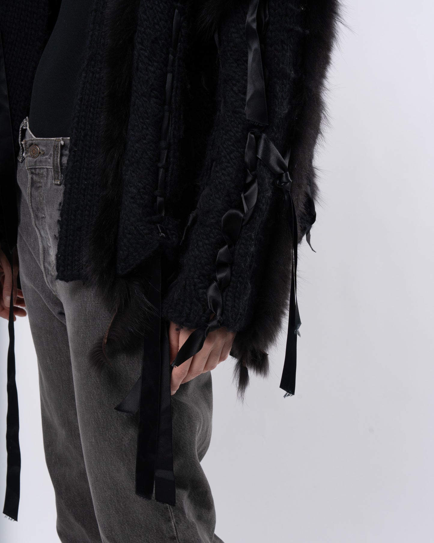 Iconic FW 2002 Fox Fur Black Wool Knit Cardigan