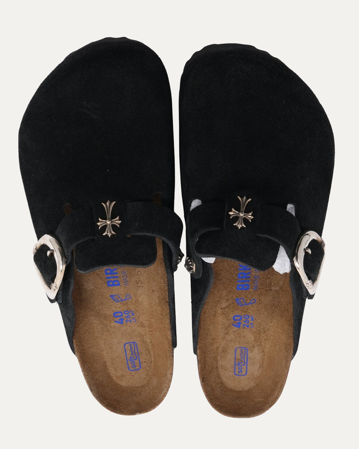 Cross Embellished Birkenstock Boston Suede Mule