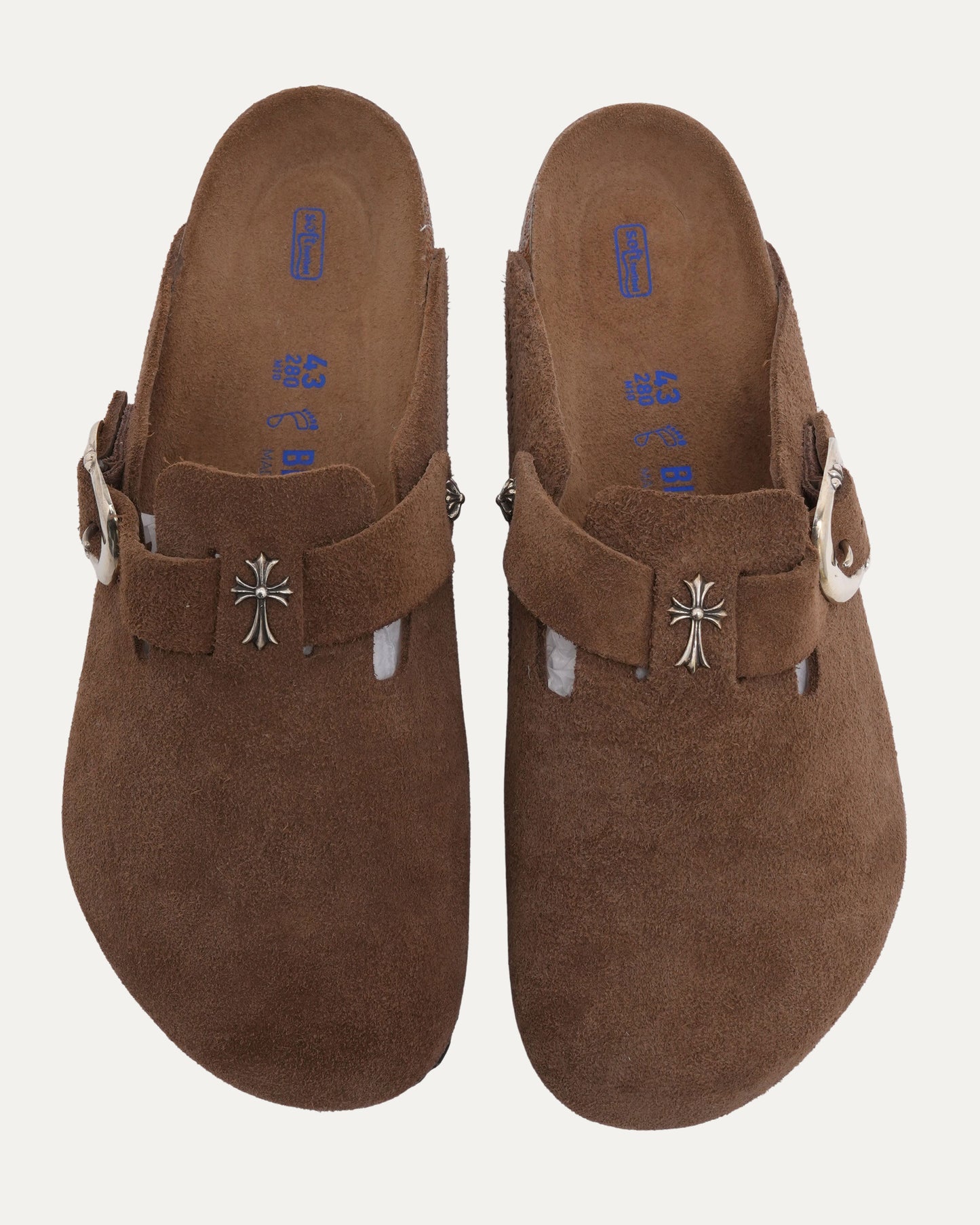 Cross Embellished Birkenstock Boston Suede Mule
