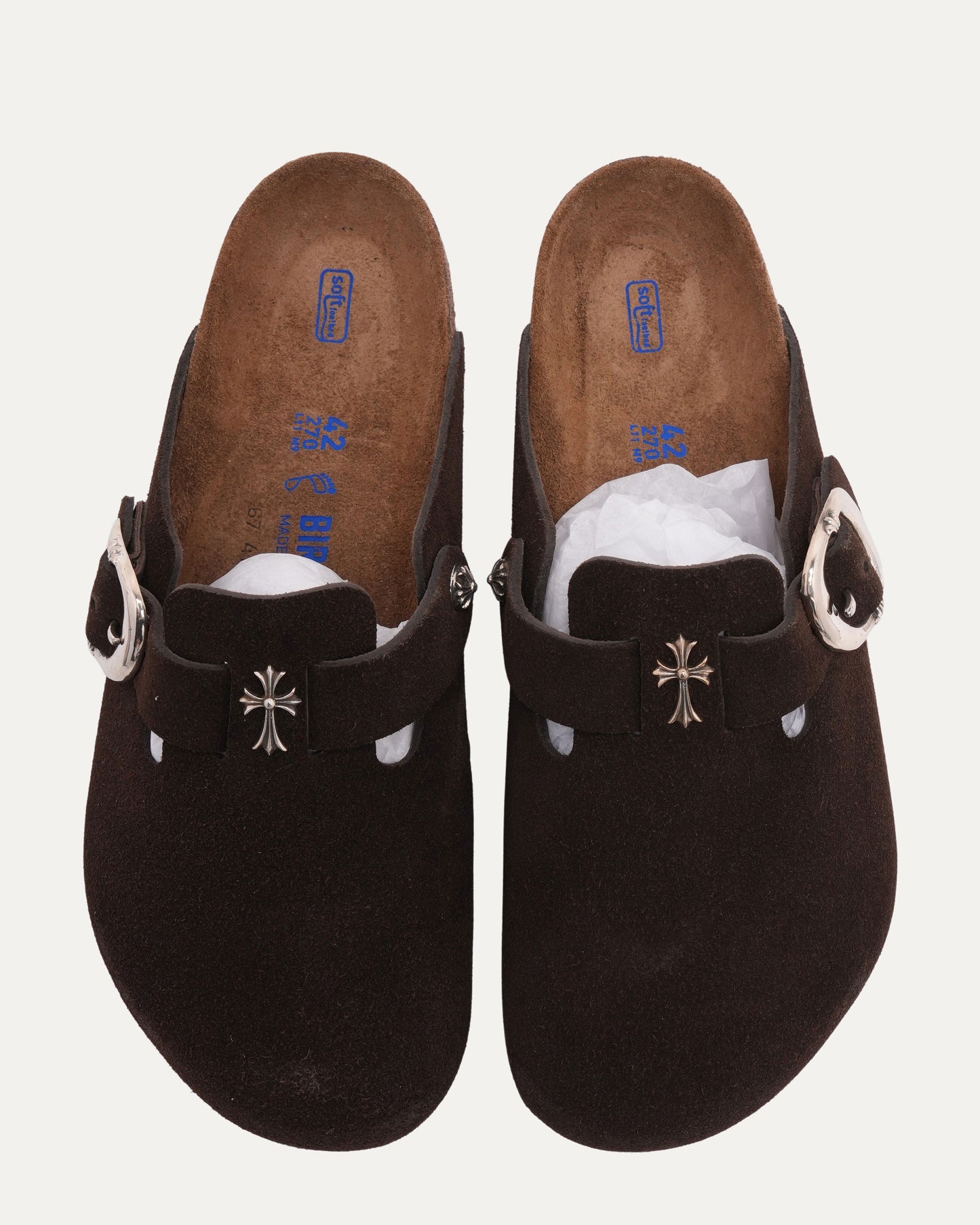Cross Embellished Birkenstock Boston Suede Mule