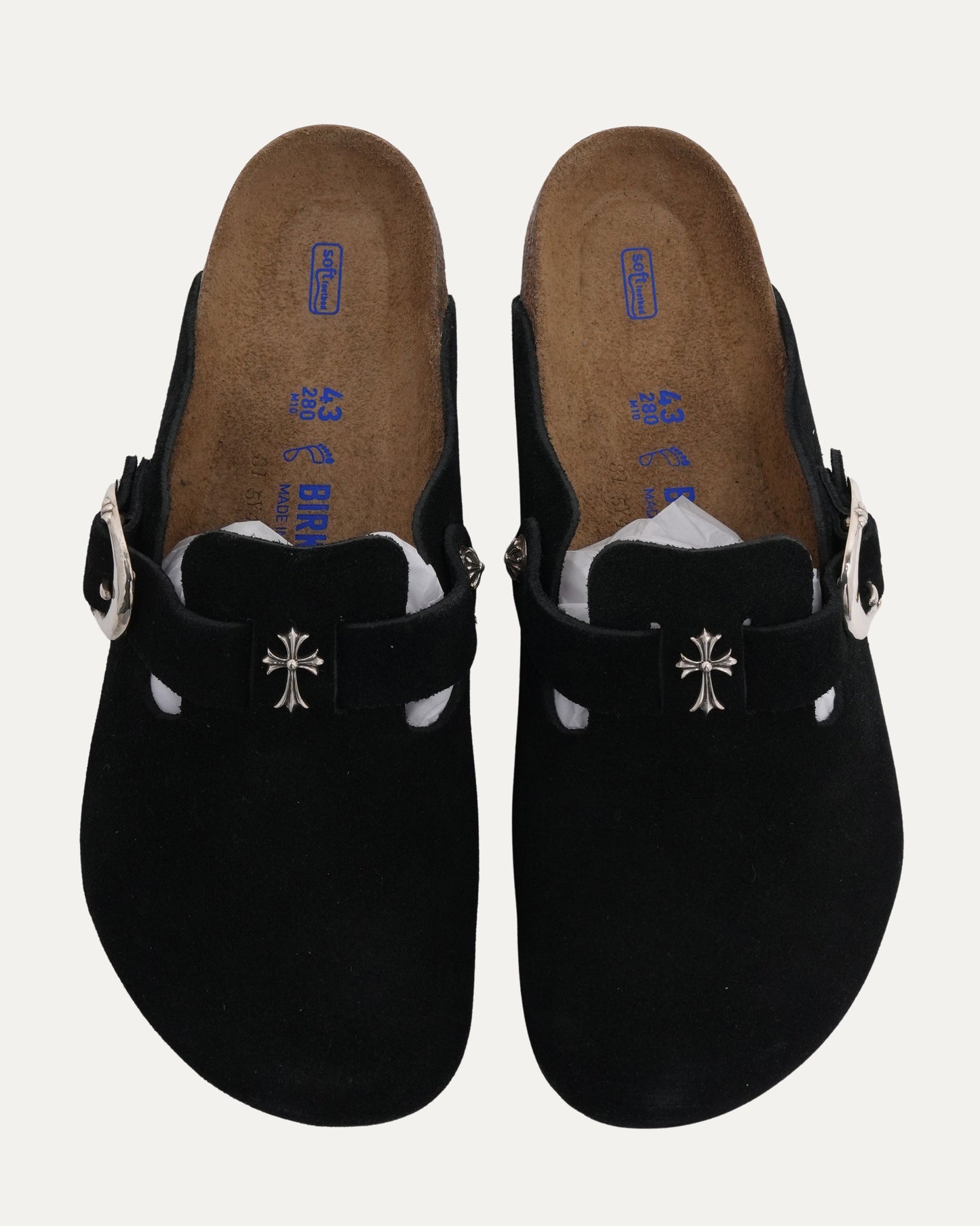 Cross Embellished Birkenstock Boston Suede Mule