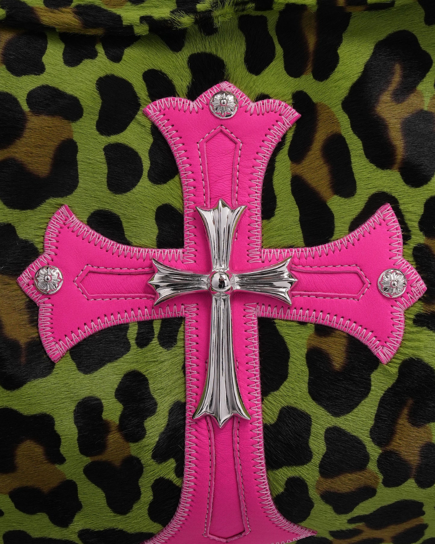 Embellished Cross Patch Leopard Pony Hair Lyon Bag