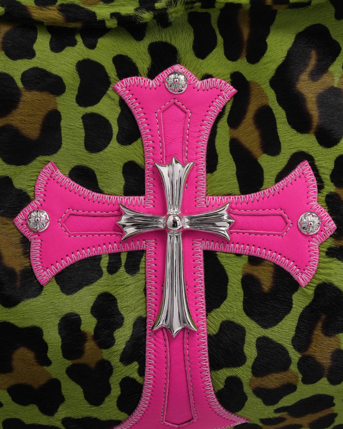 Embellished Cross Patch Leopard Pony Hair Lyon Bag
