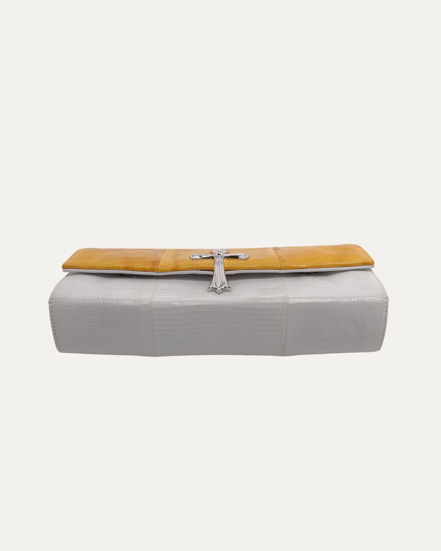 Cross Embellished Lizard Skin Clutch