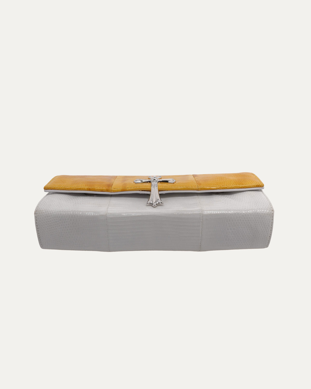 Cross Embellished Lizard Skin Clutch