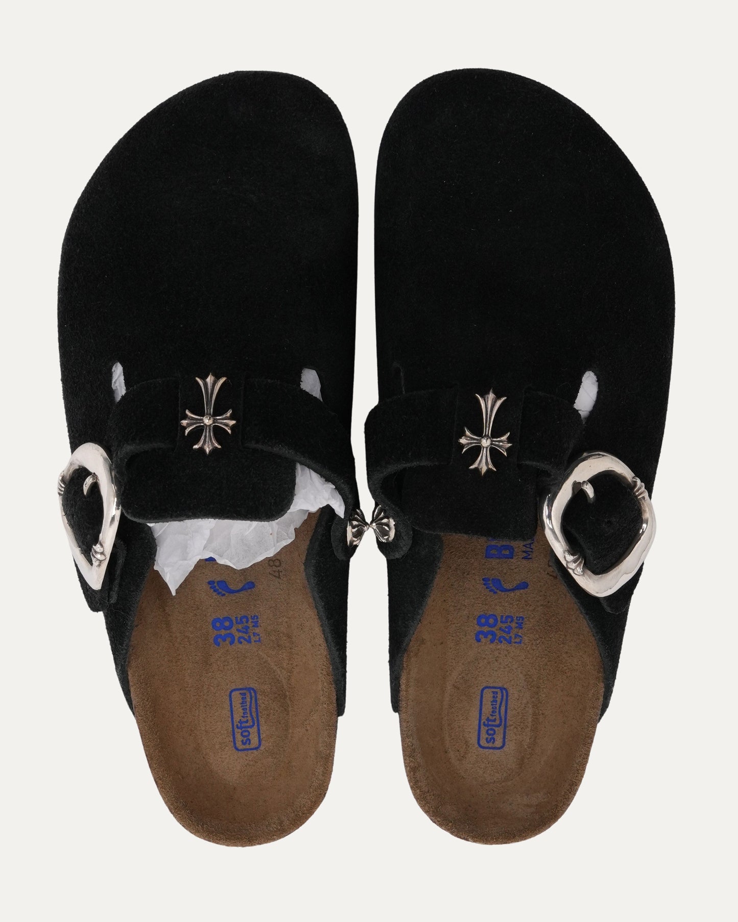 Cross Embellished Birkenstock Boston Suede Mule