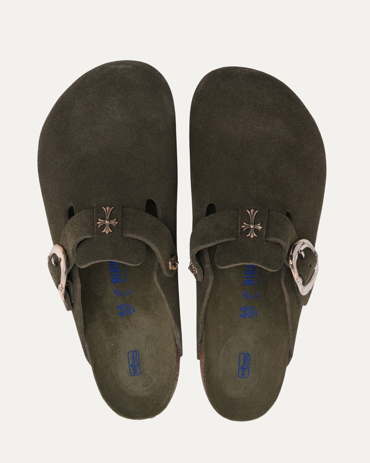 Tonal Footbed Cross Embellished Birkenstock Boston Suede Mule
