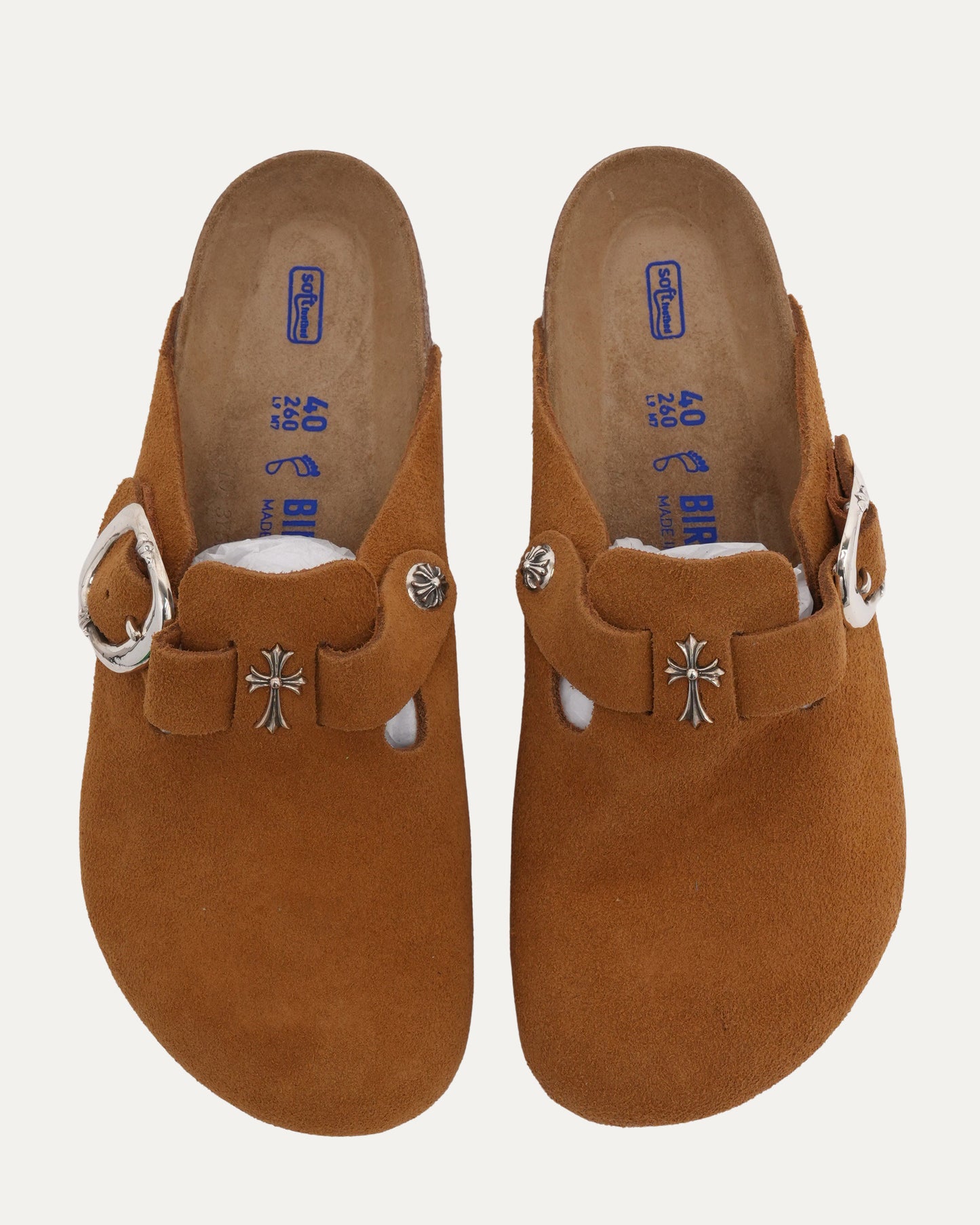 Cross Embellished Birkenstock Boston Suede Mule