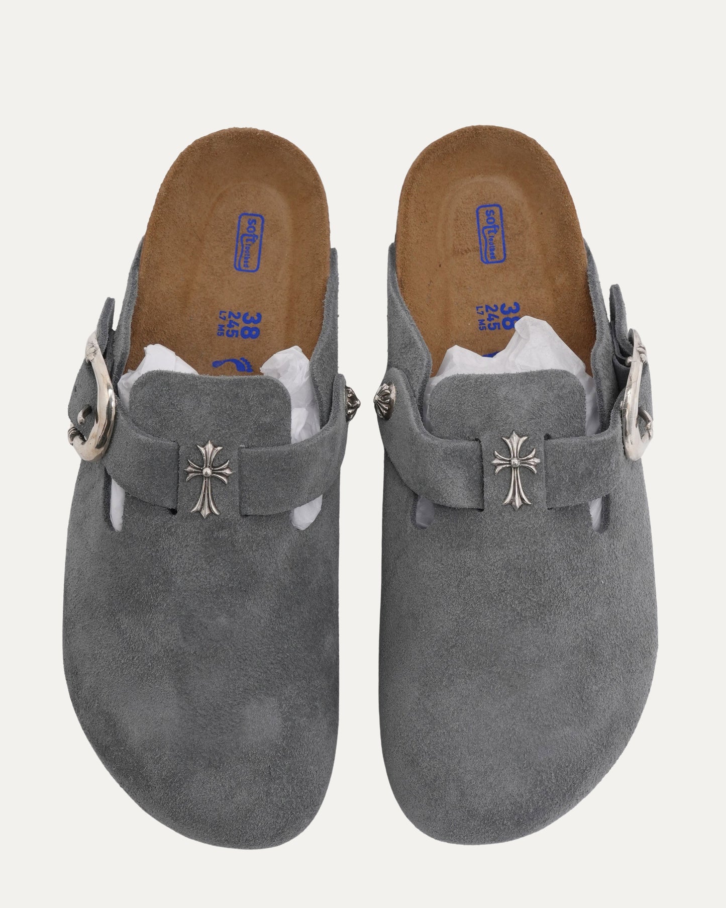 Cross Embellished Birkenstock Boston Suede Mule