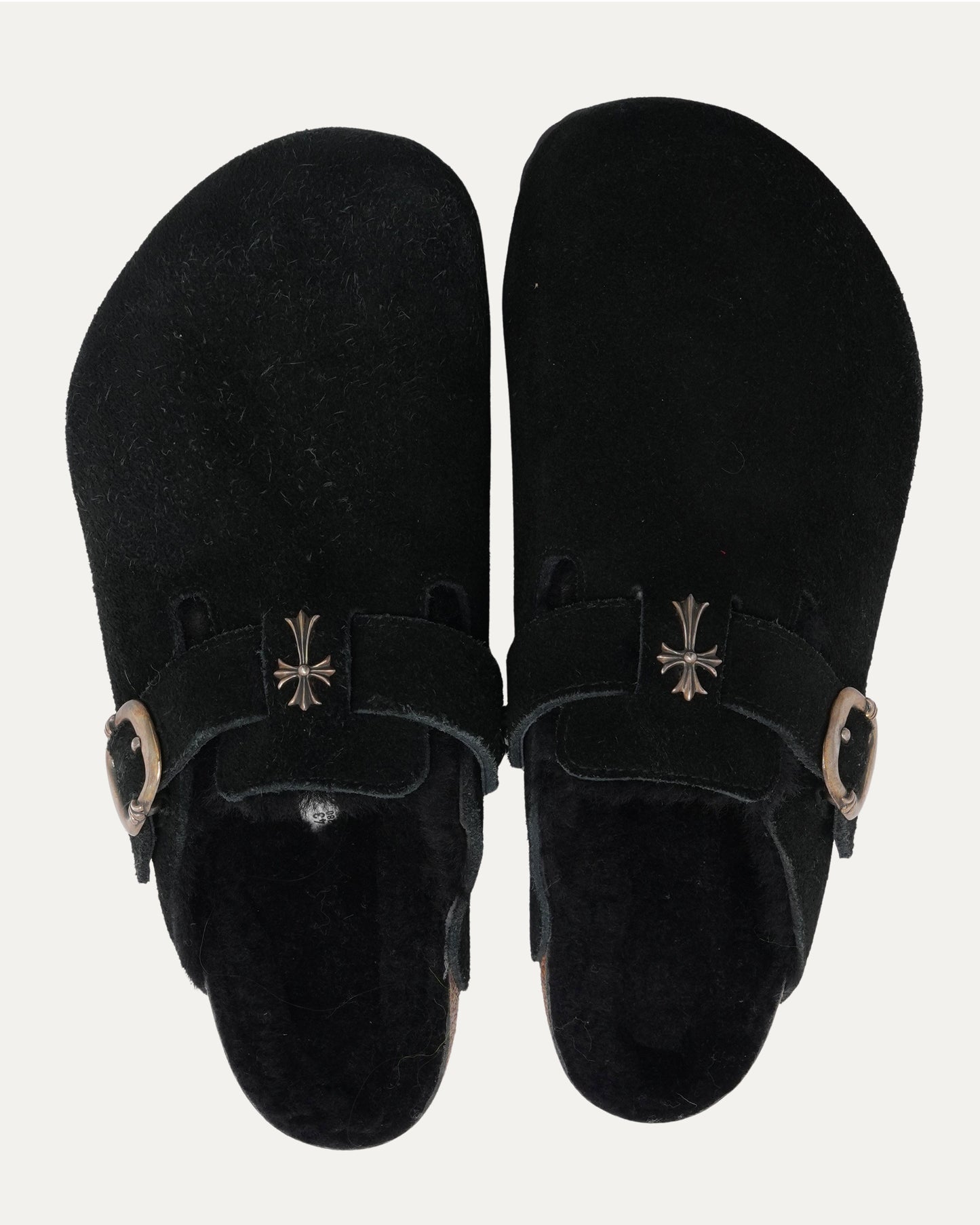 Cross Embellished Birkenstock Boston Shearling Lined Suede Mule