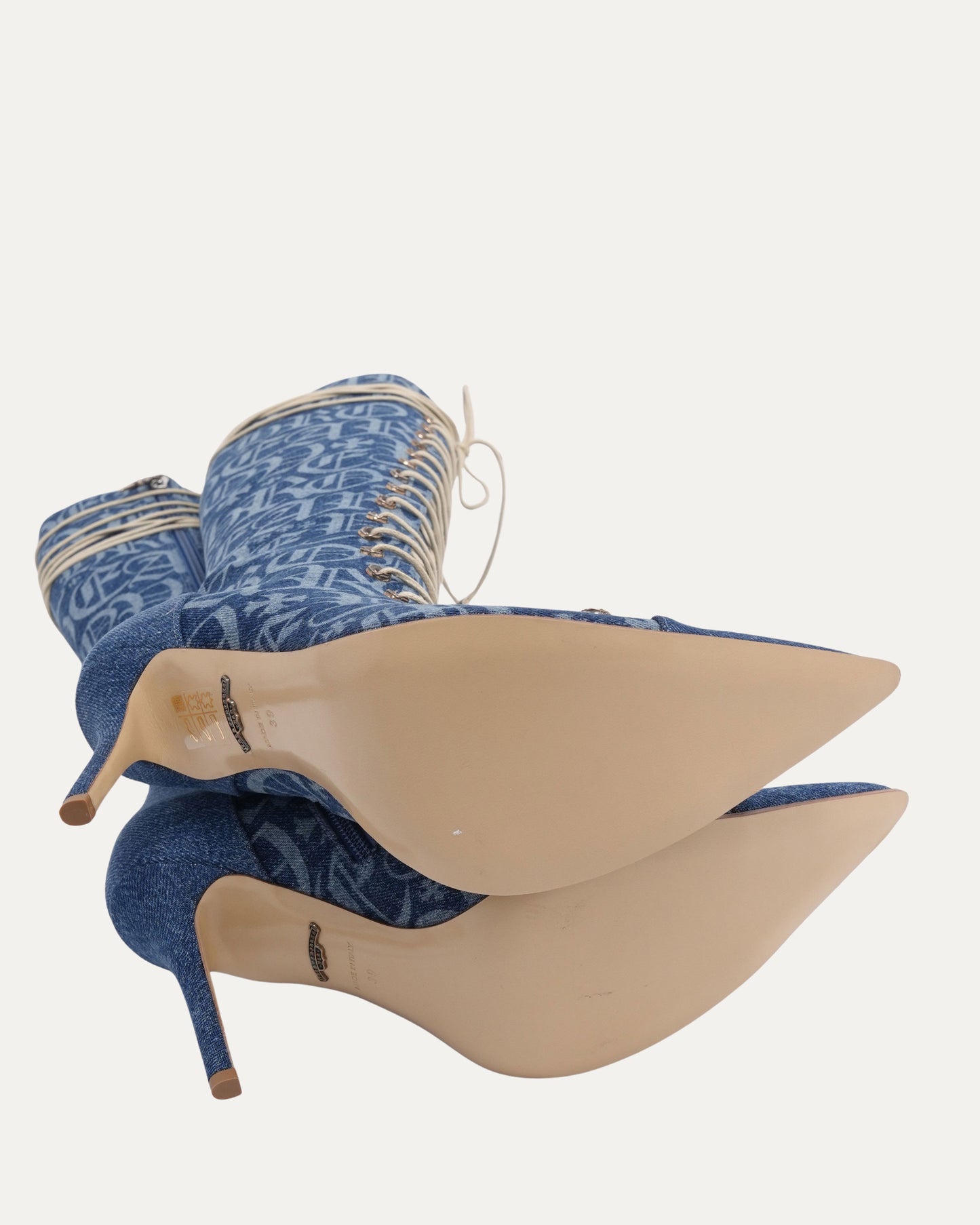 Denim Monogram Lace Up Knee Boots