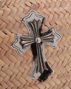 Cross Embellished Cross Patch Woven Raffia Tote Bag