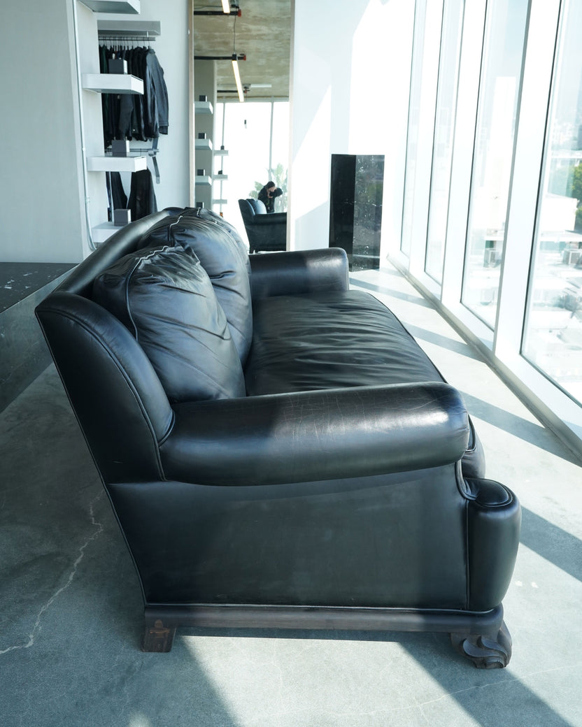 Leather & Ebony Wood Three-Seat Sofa