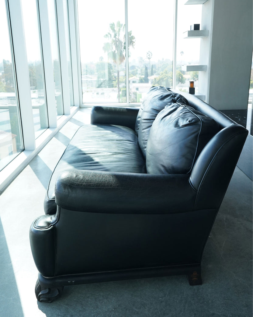 Leather & Ebony Wood Three-Seat Sofa