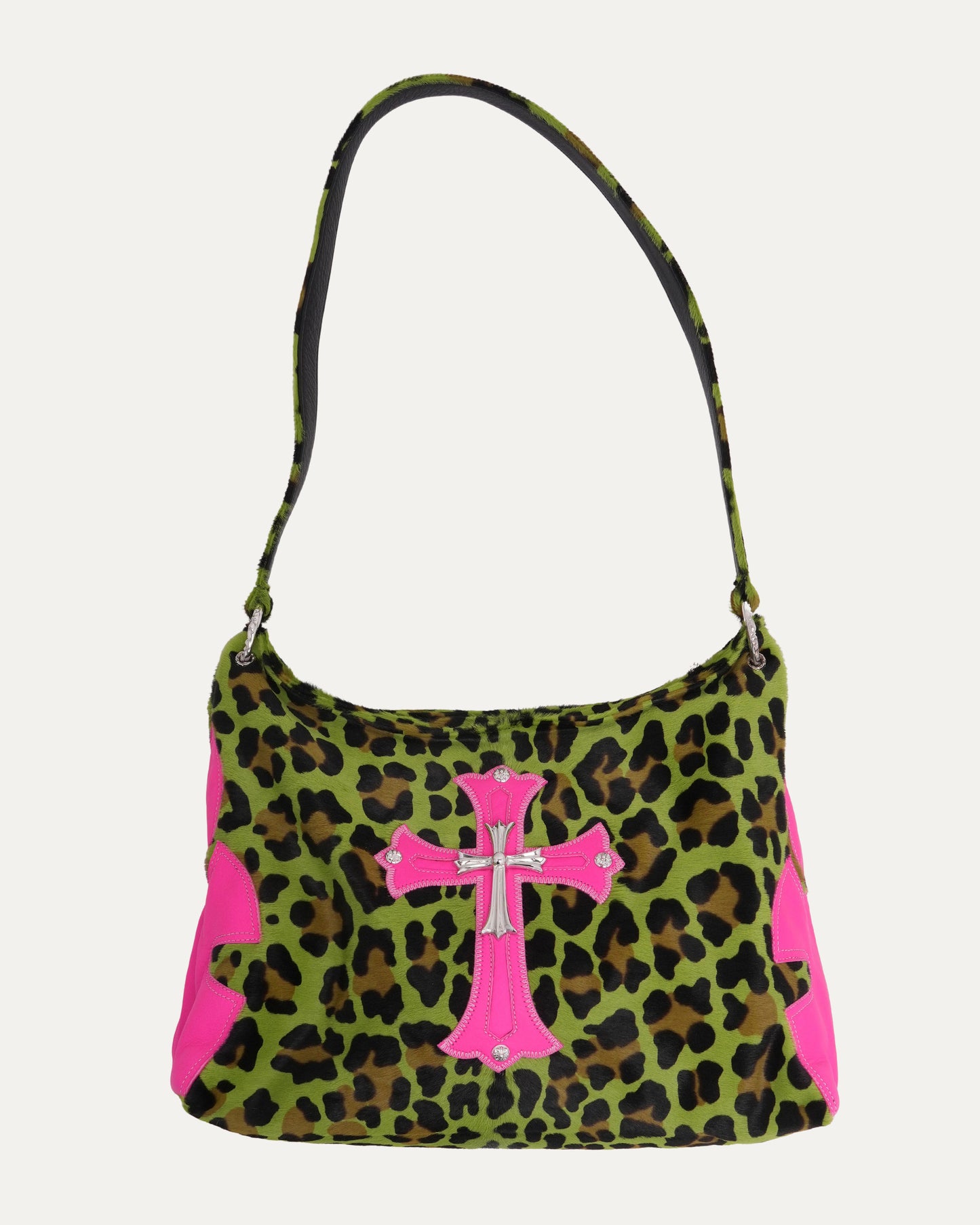 Embellished Cross Patch Leopard Pony Hair Lyon Bag