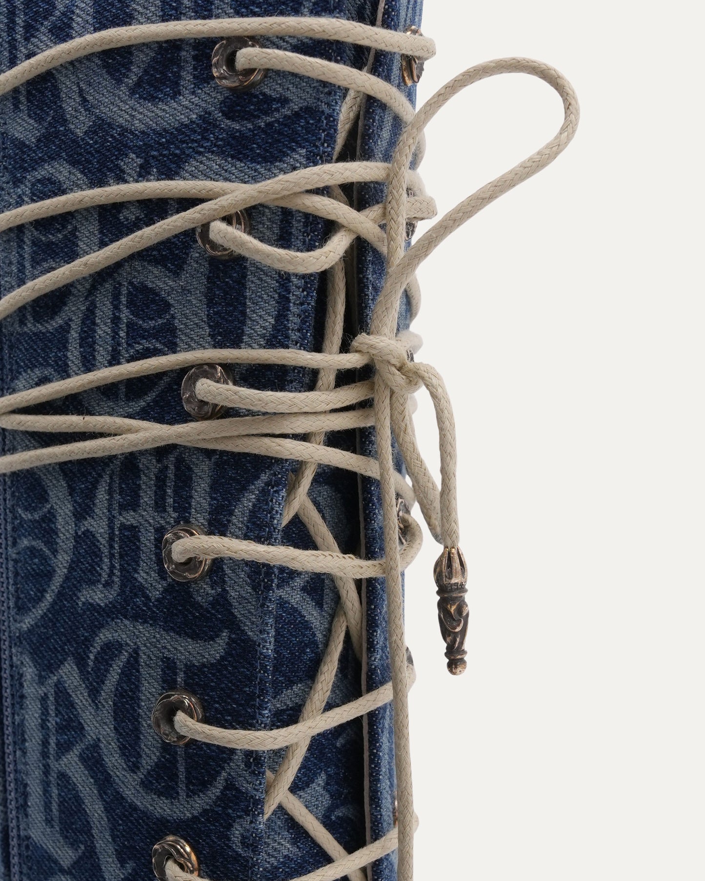 Denim Monogram Lace Up Knee Boots