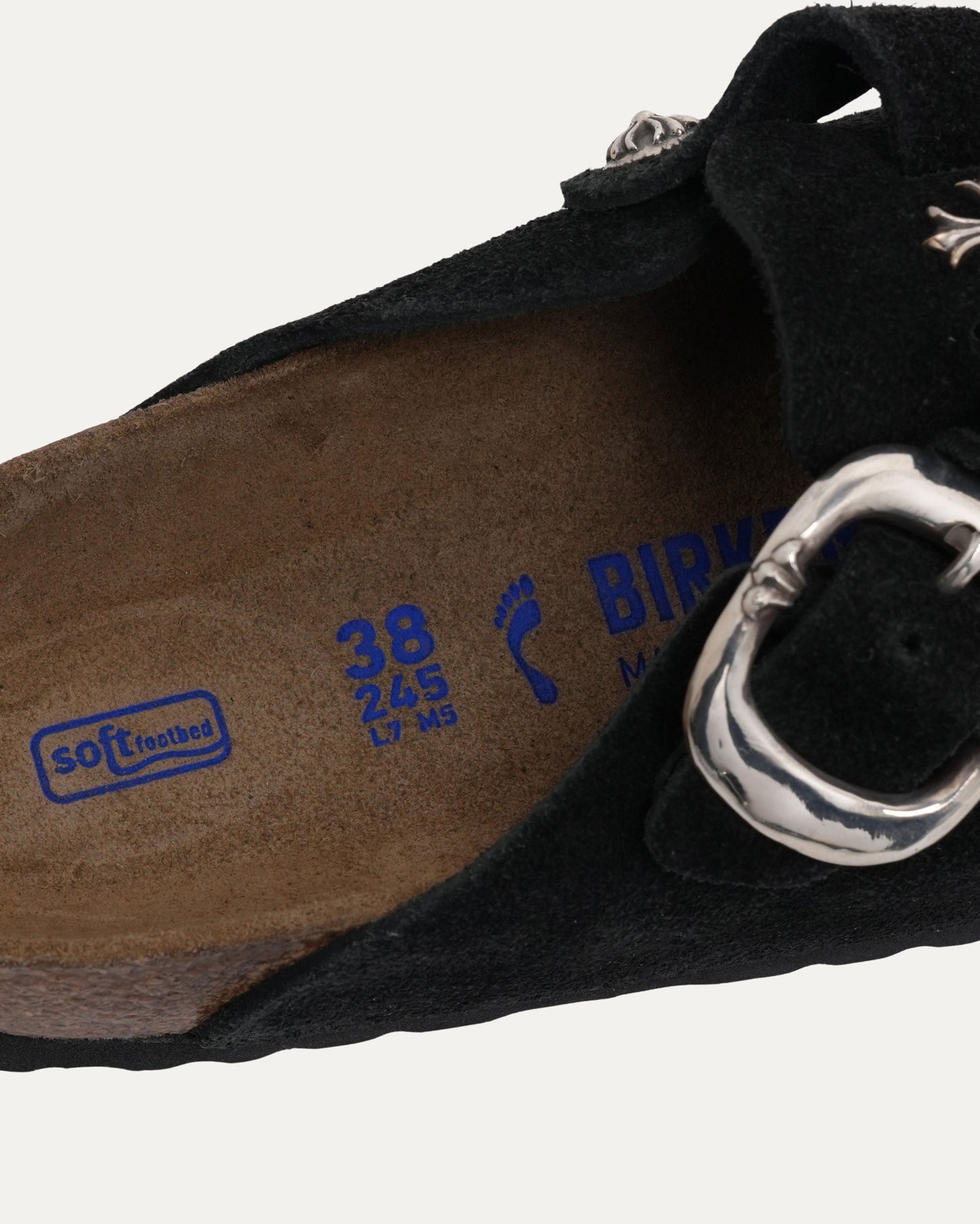 Cross Embellished Birkenstock Boston Suede Mule