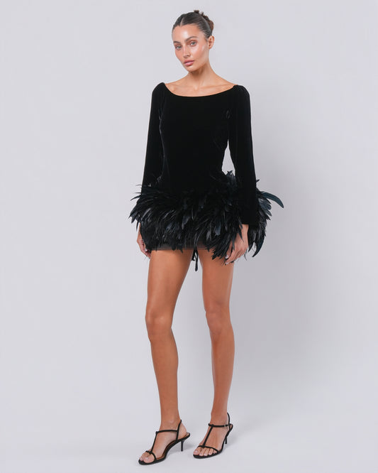 Rive Gauche FW 1988 Velvet and Feather Mini Dress