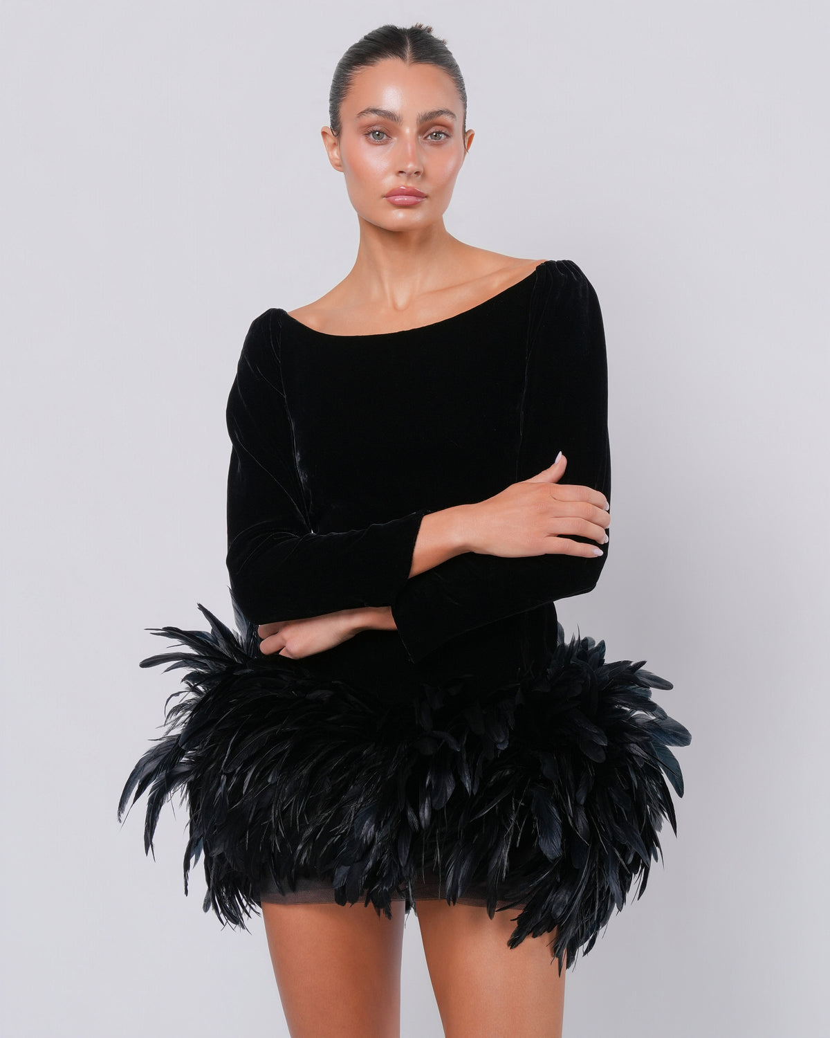 Rive Gauche FW 1988 Velvet and Feather Mini Dress