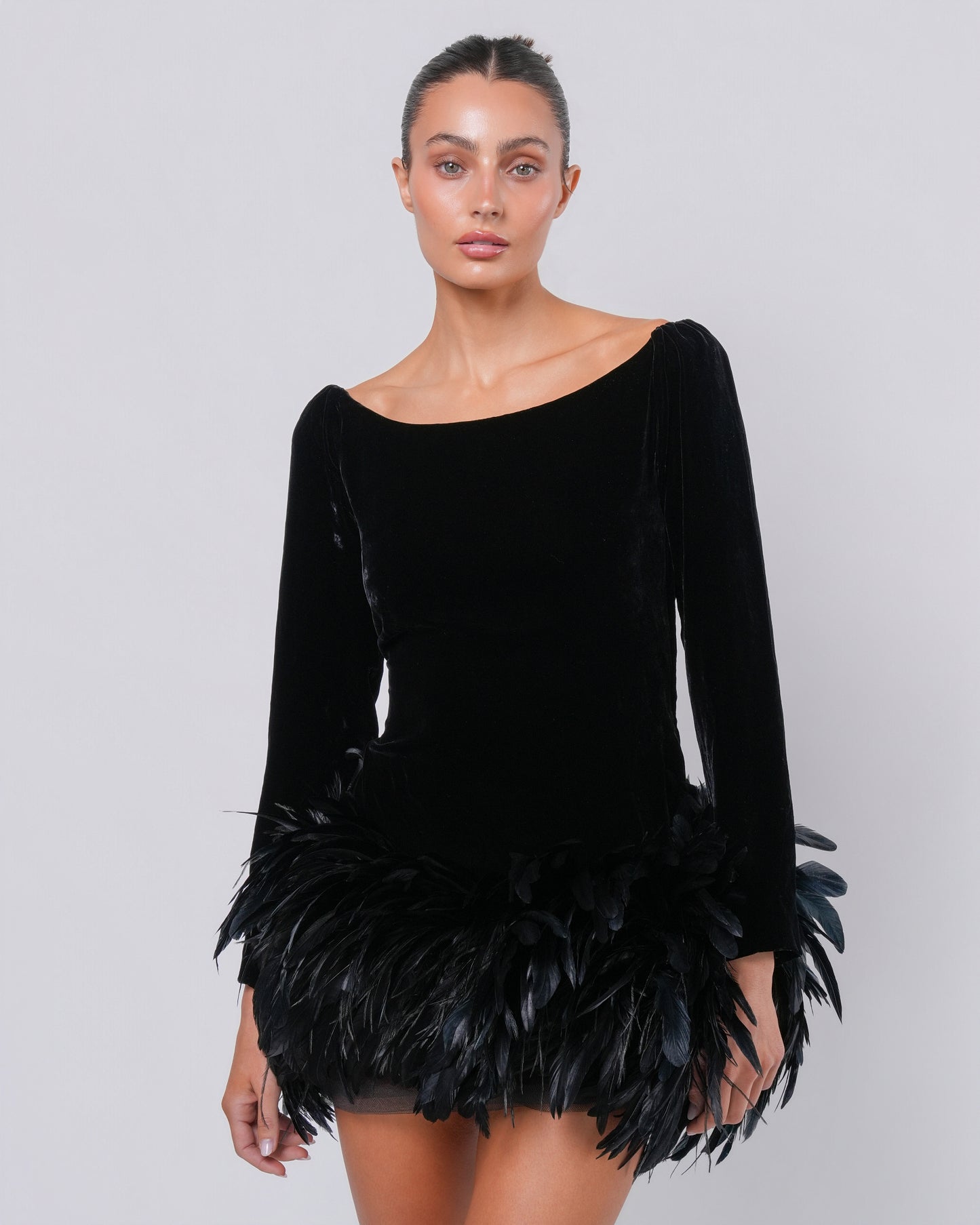 Rive Gauche FW 1988 Velvet and Feather Mini Dress