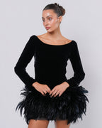 Rive Gauche FW 1988 Velvet and Feather Mini Dress