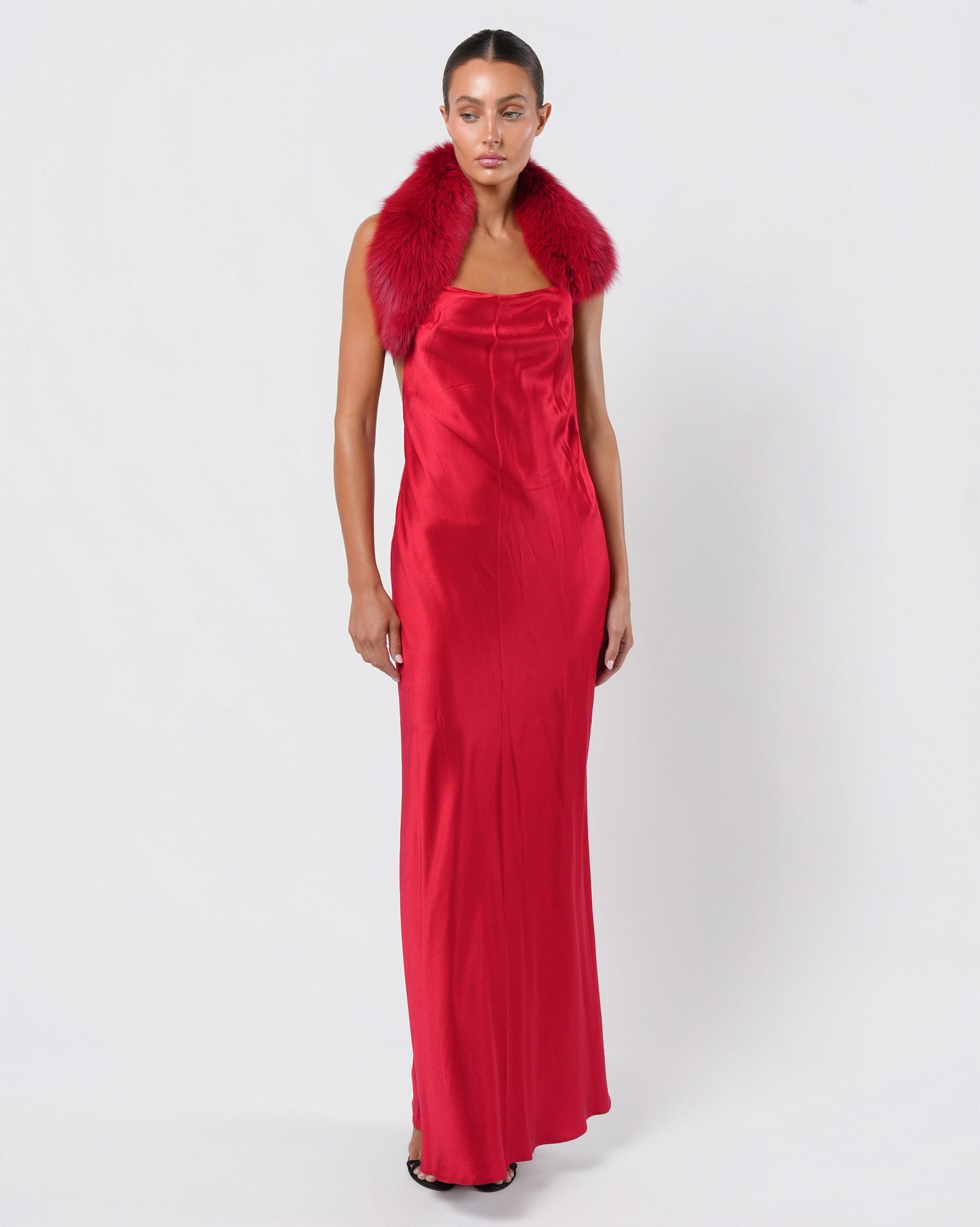 Backless Fur Embellished Silk Gown