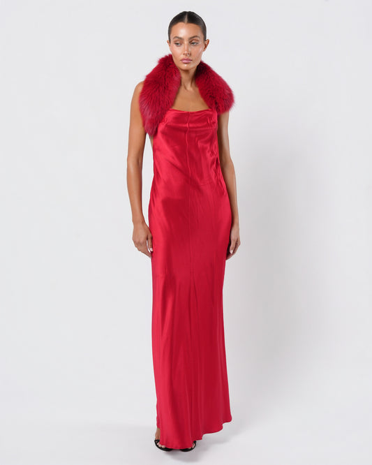 Backless Fur Embellished Silk Gown