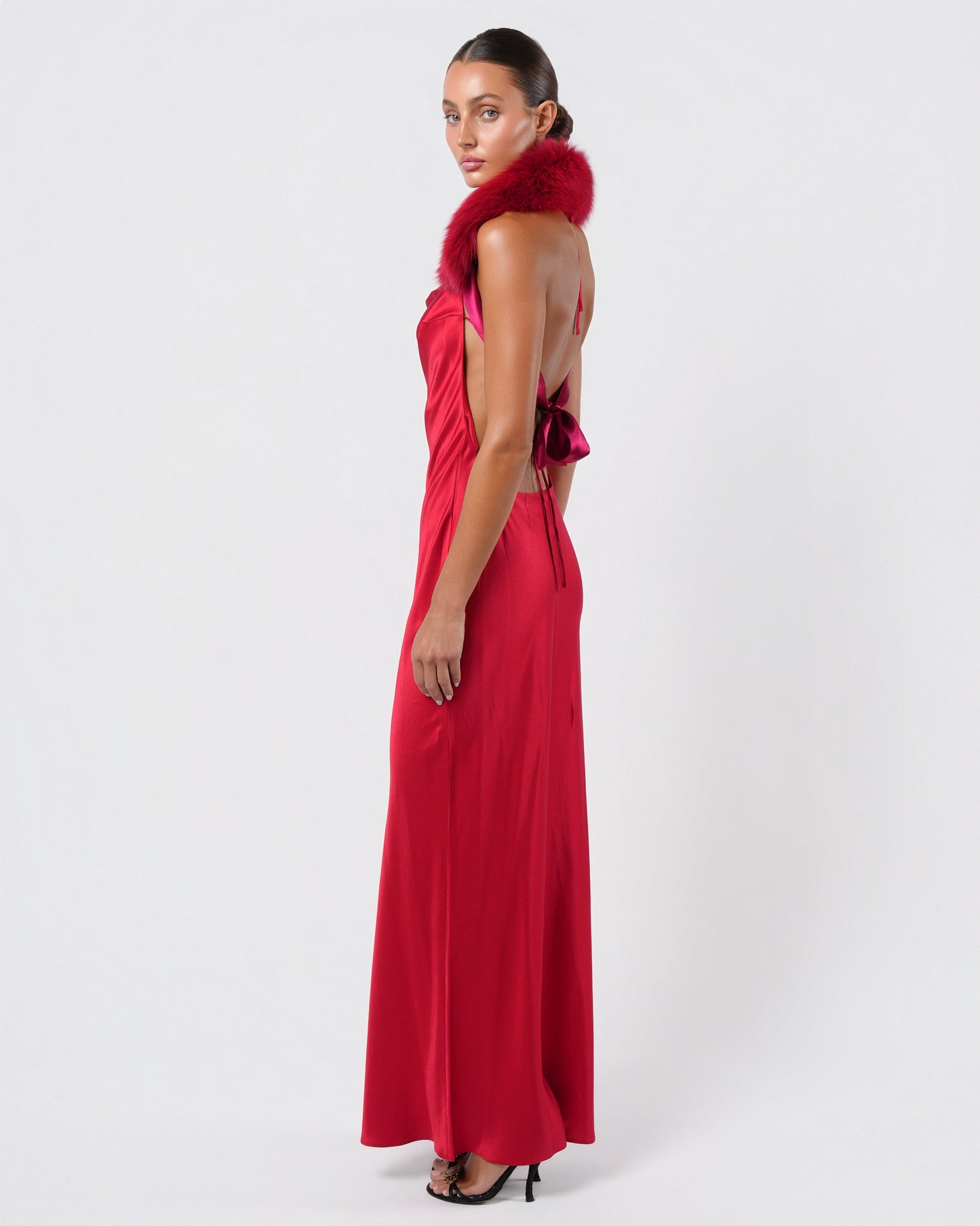 Backless Fur Embellished Silk Gown