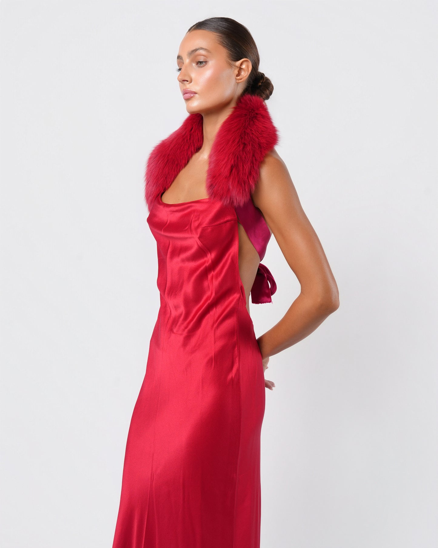 Backless Fur Embellished Silk Gown