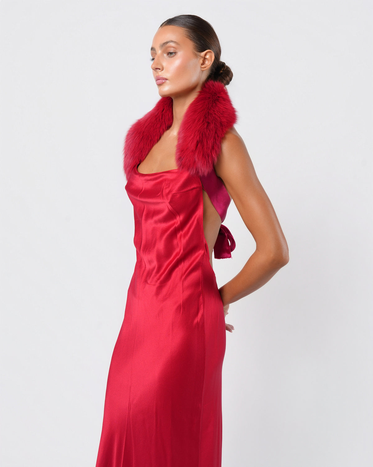 Backless Fur Embellished Silk Gown