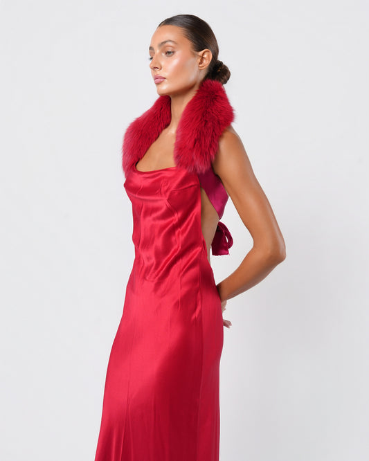 Backless Fur Embellished Silk Gown