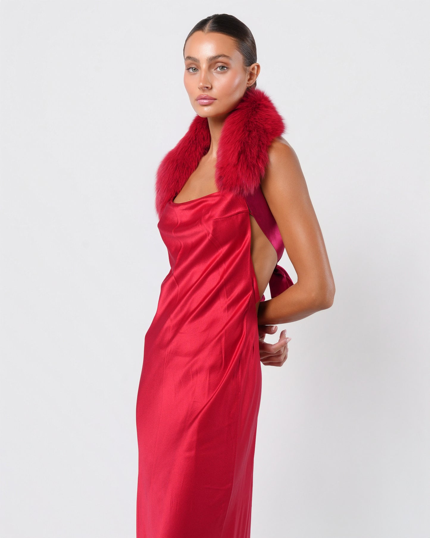 Backless Fur Embellished Silk Gown