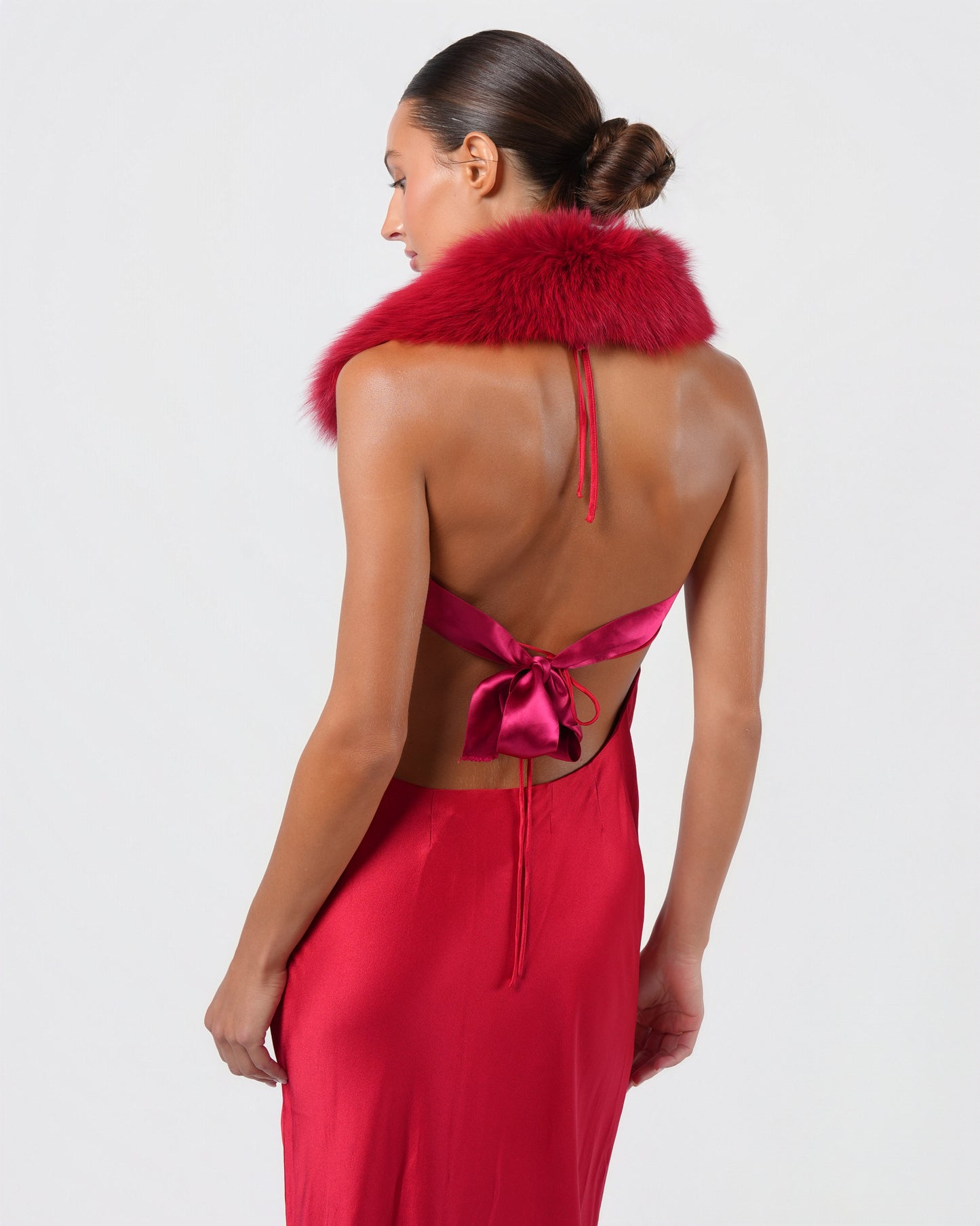Backless Fur Embellished Silk Gown
