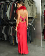 Backless Fur Embellished Silk Gown