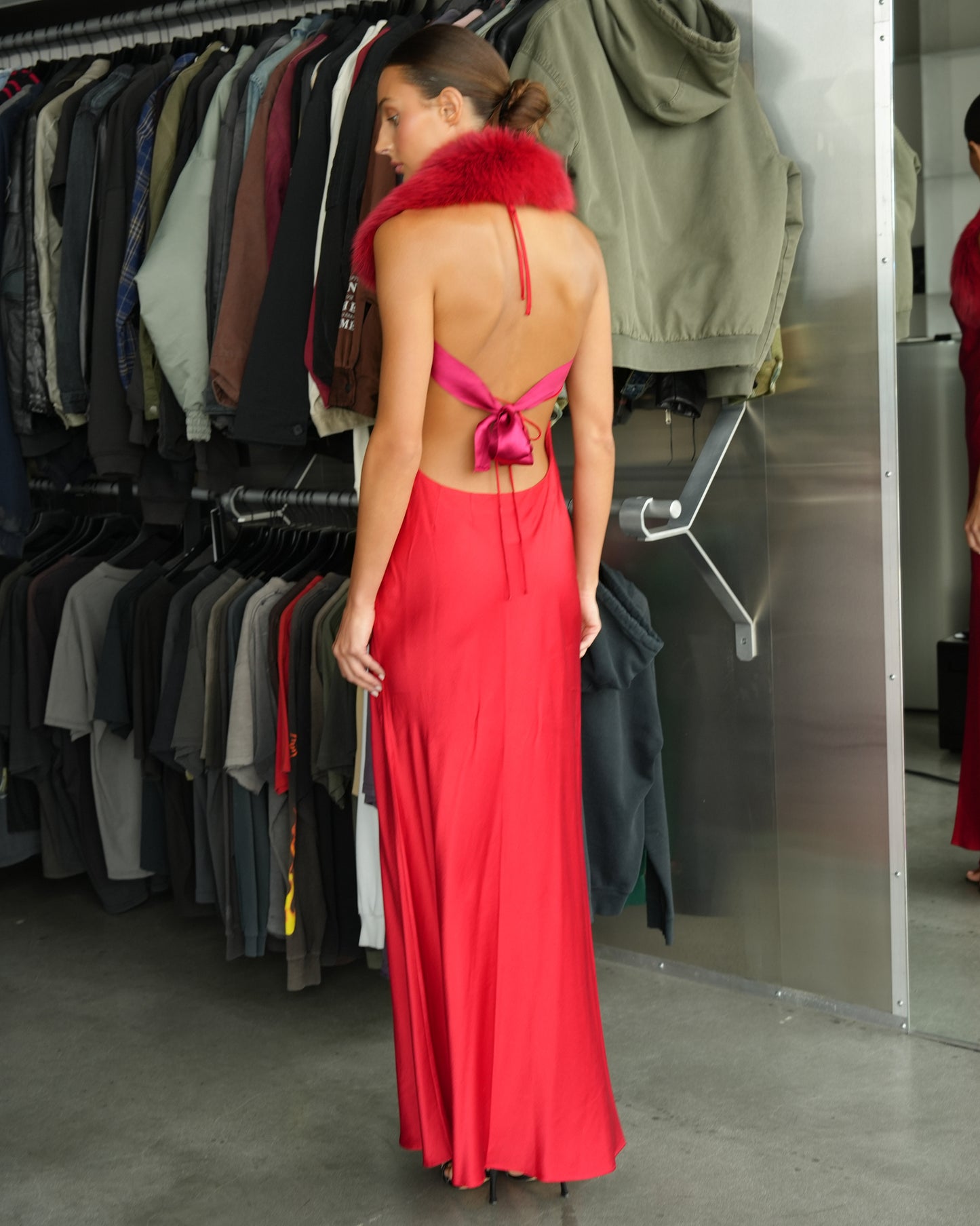Backless Fur Embellished Silk Gown