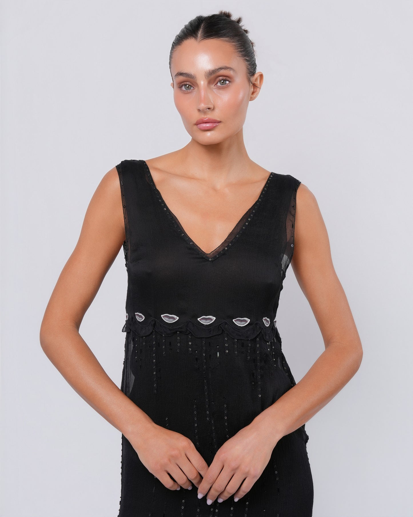 SS 2000 Silk Embroidered Dress with Lip Motif