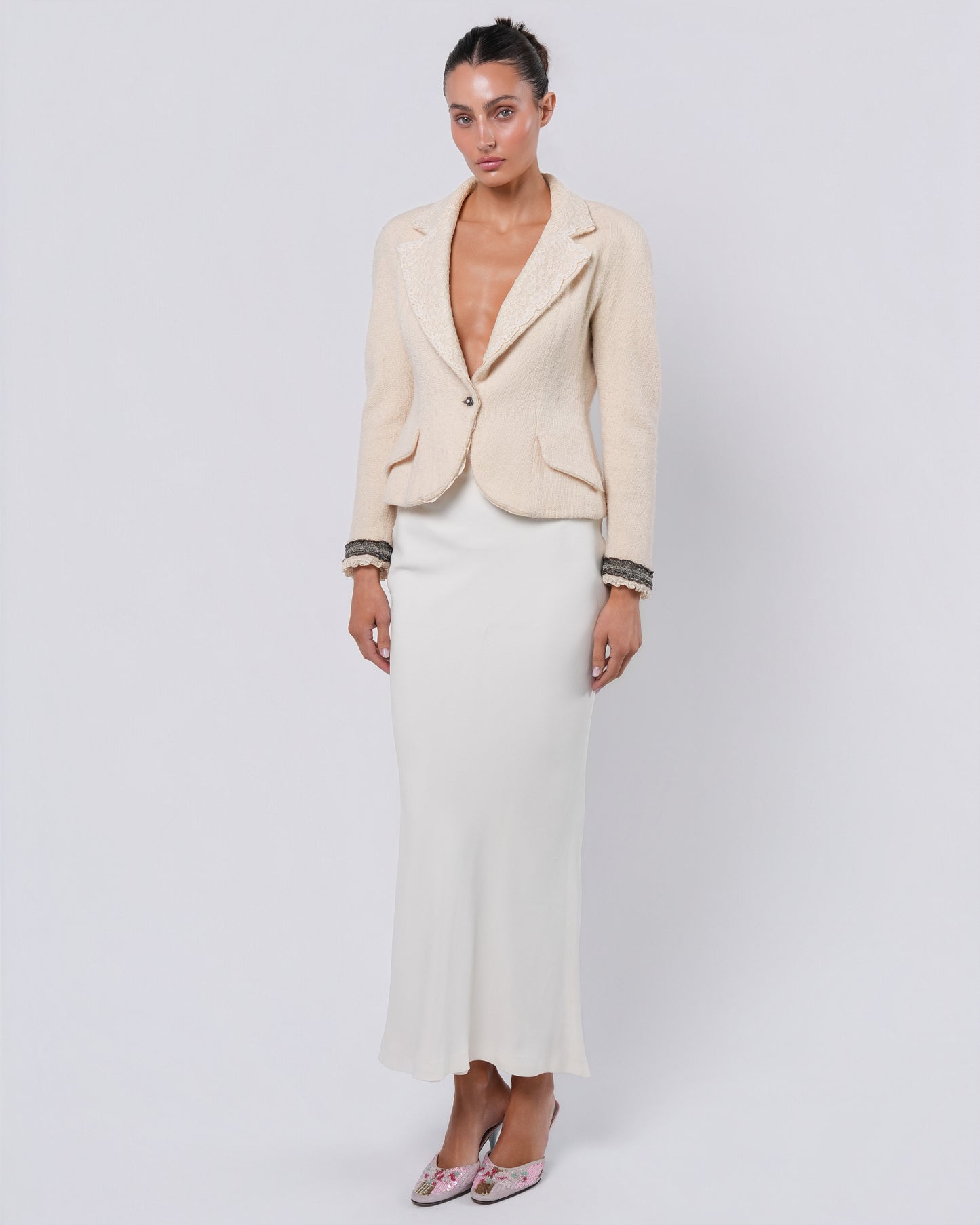 SS 1998 Lace Trimmed Cameo Button Runway Jacket