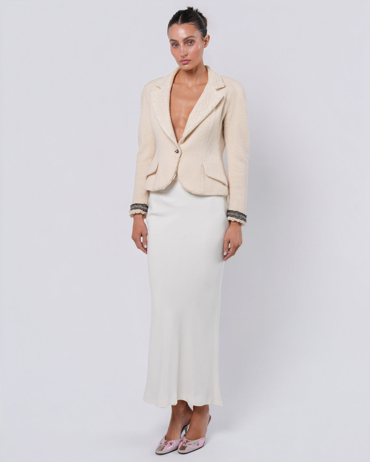 SS 1998 Lace Trimmed Cameo Button Runway Jacket