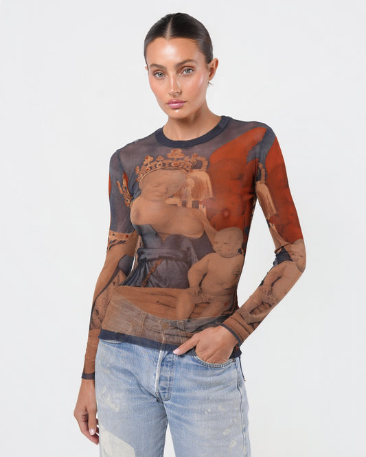 SS 1995 Fouquet "Melun Diptych" Print Long Sleeve Mesh Top