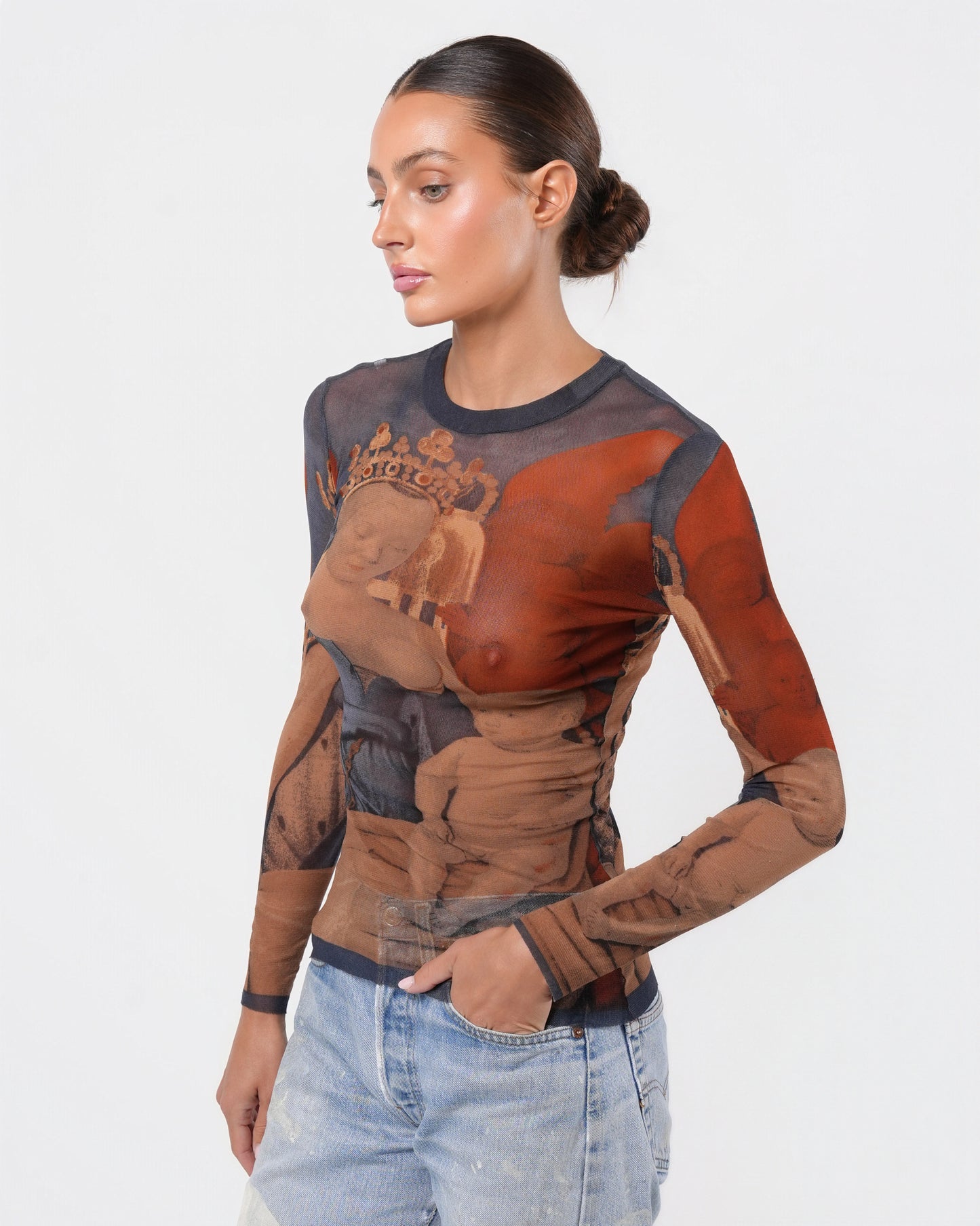SS 1995 Fouquet "Melun Diptych" Print Long Sleeve Mesh Top
