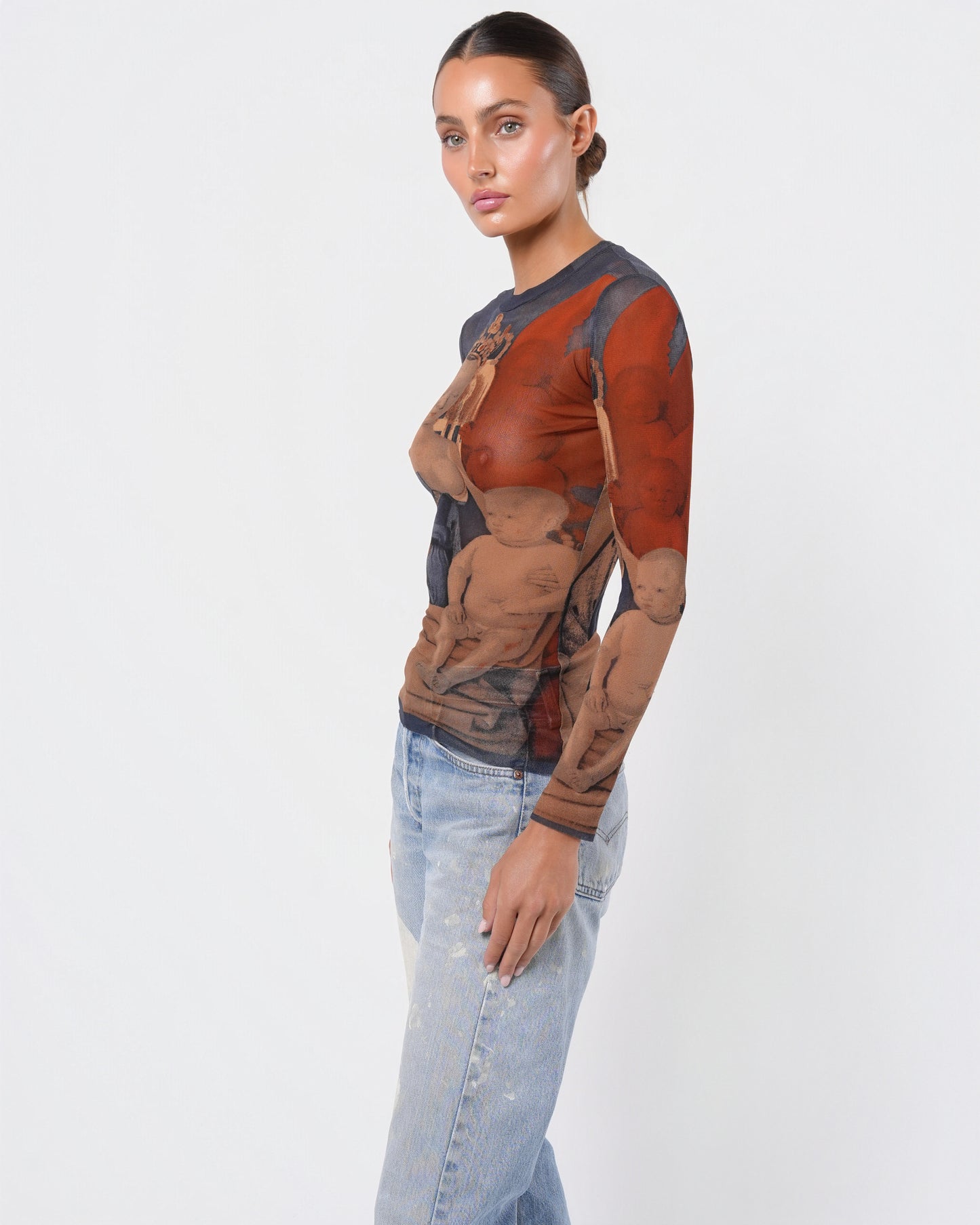 SS 1995 Fouquet "Melun Diptych" Print Long Sleeve Mesh Top