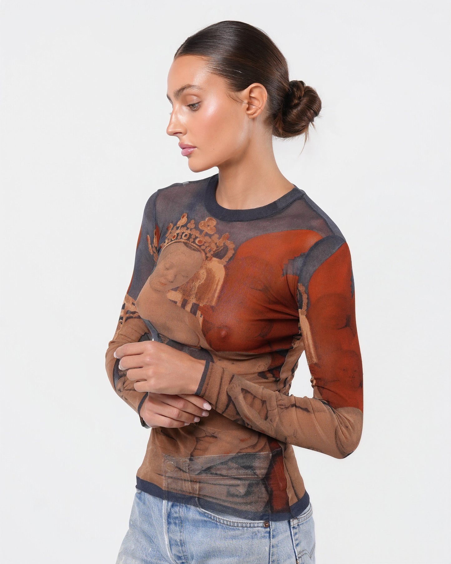SS 1995 Fouquet "Melun Diptych" Print Long Sleeve Mesh Top