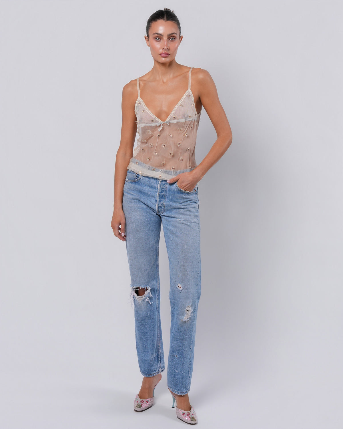 2004 Tulle Top With Beaded Embellishment